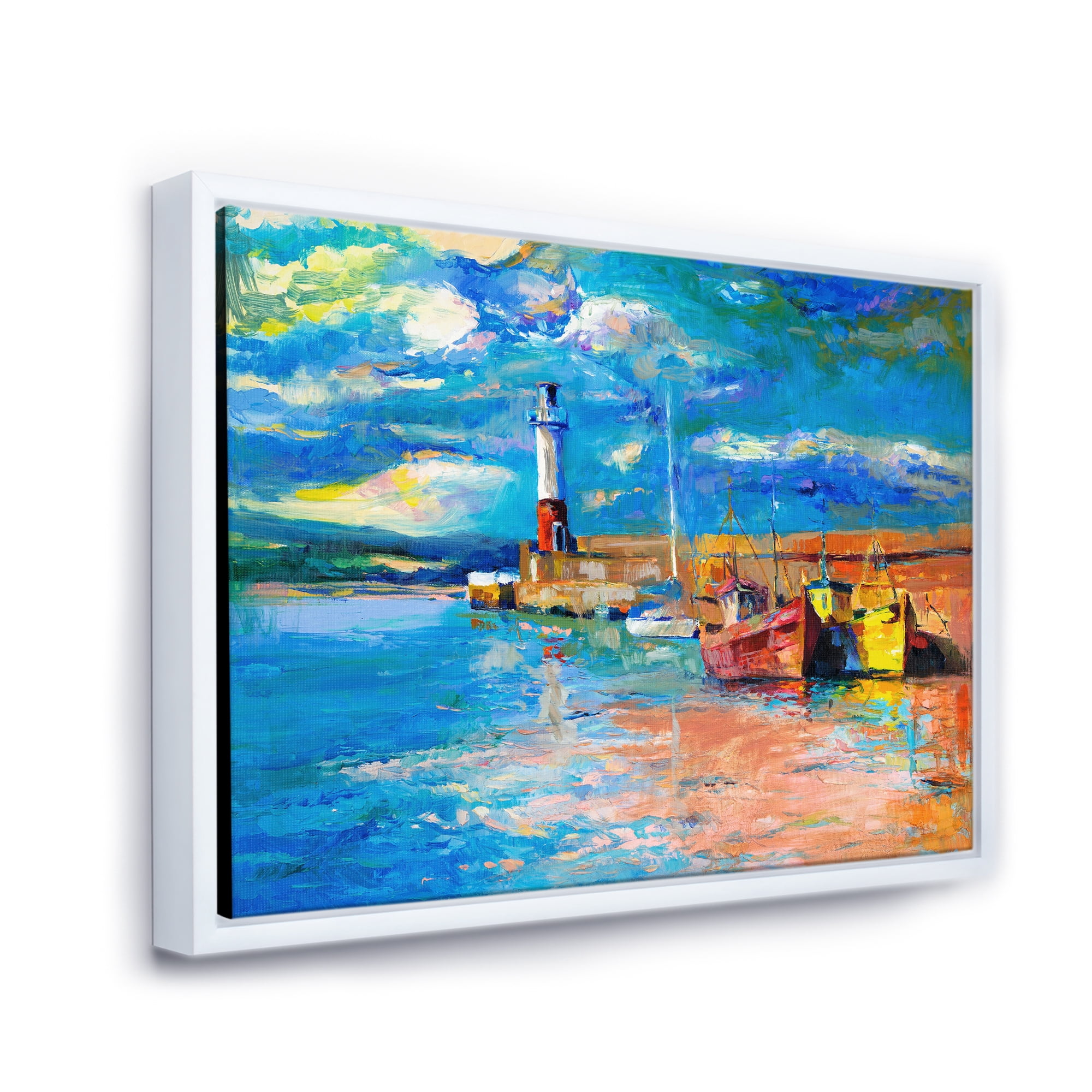 Designart 'Lighthouse By The Shore In Evening Glow ' Nautical & Coastal Framed Canvas Wall Art Print