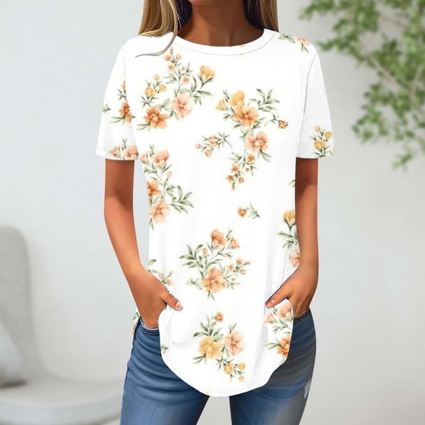 Fiudx Liquidación de Ahorros de Verano Top Suelto con Cuello Redondo y Estampado de Moda Informal de Verano para Mujer