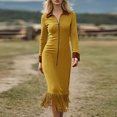 thumbnail image 3 of Women's Dress Long Sleeve Solid Color Western Suede Fringe Slim Fit Boho Chic Midi Dress for Spring Fall Casual,Ginger,L, 3 of 5