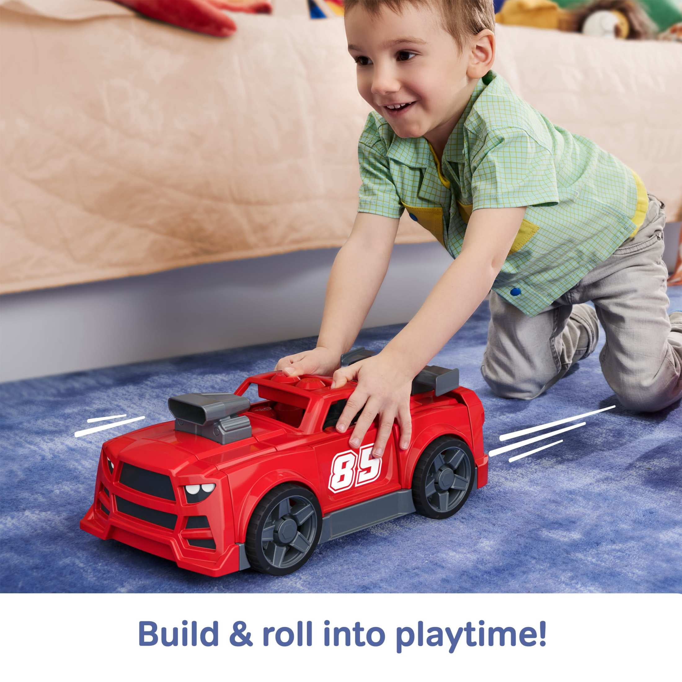 MEGA BLOKS Build & Go Race Car Building Block Toy with Rolling Wheels (26 Pieces) for Kids