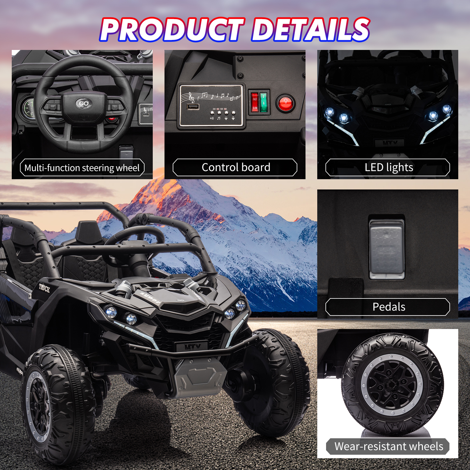 CazToi 24V 7 AH 4WD Battery Powered 2 Seater Ride On Car Off-Road Electric UTV with Remote for Kids