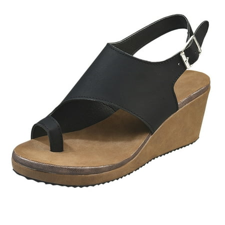 

nsendm Women s Sport Sandals Shoes Solid Toe Wedge Buckle Women s Color Sandals Fashion Women Shoes Heels Sandals Black 9