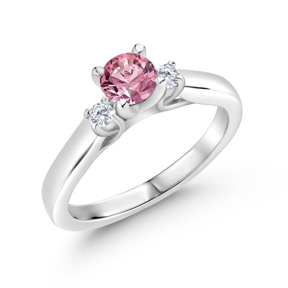 Gem Stone King 925 Sterling Silver Pink and White Lab Grown Diamond 3-Stone Engagement Ring for Women (0.63 Cttw, Gemstone April Birthstone, Size 9)