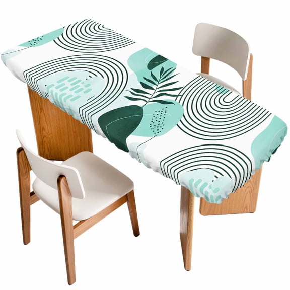 Boho Geometric Table Cloths for 8 Foot Rectangle Tables, Aqua Ethnic Abstract Stripes Leaves Patio Waterproof Elastic Fitted Tablecloths, Washable Rectangular Table Cover for Camping