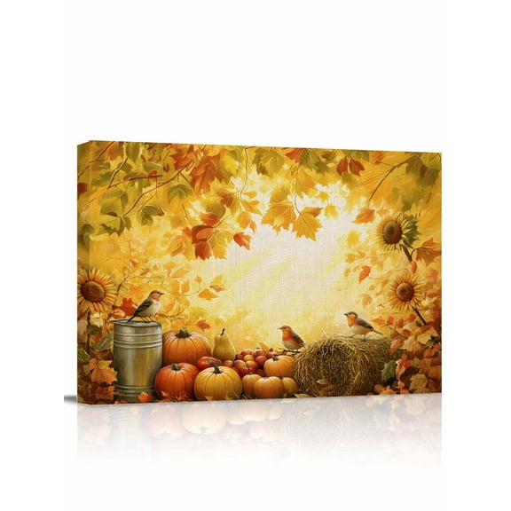 Autumn Harvest Canvas Print Wall Art Framed Canvas Art Wall Decor Landscape Vintage Fruit Maple Bird Farmhouse Pictures Painting Morden Artwork for Living Room Bedroom, Ready to Hang - 12"x16"