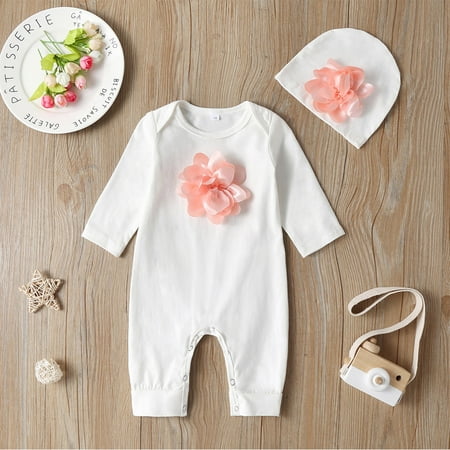 

Hunpta born Infant Baby Girls Jumpsuit Set Long Sleeve Solid Fashion Floral Romper Jumpsuit And Hat Clothes