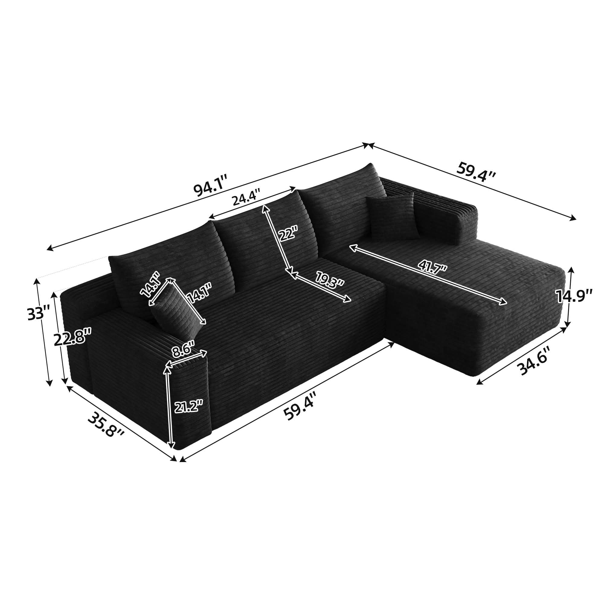 MAYEERTY 95" Cloud Sectional Sofa, U-Shaped Corduroy Upholstered Deep Seat Couch, No Assembly for Living Room, Black