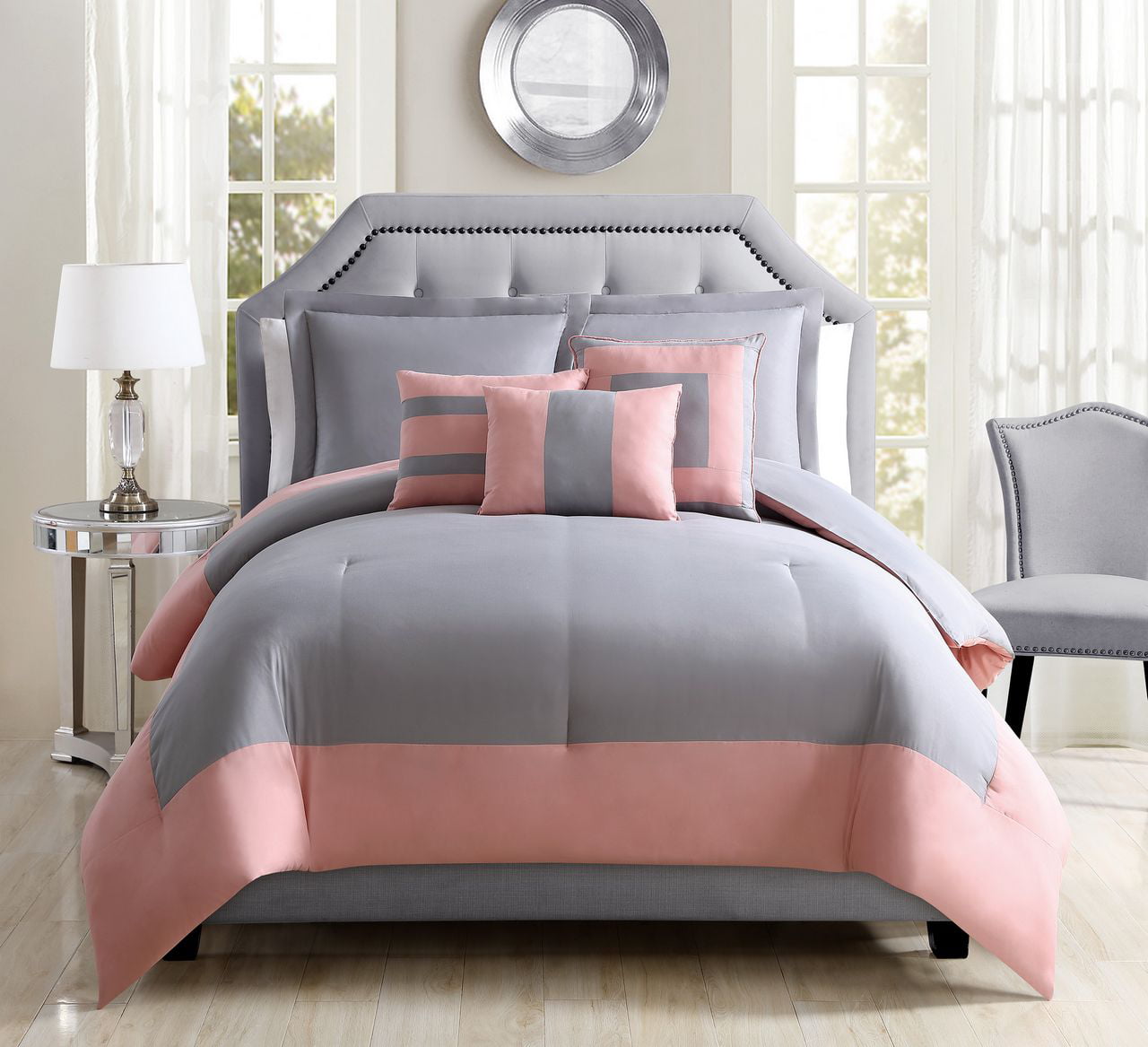 coral and gray bedroom decoration