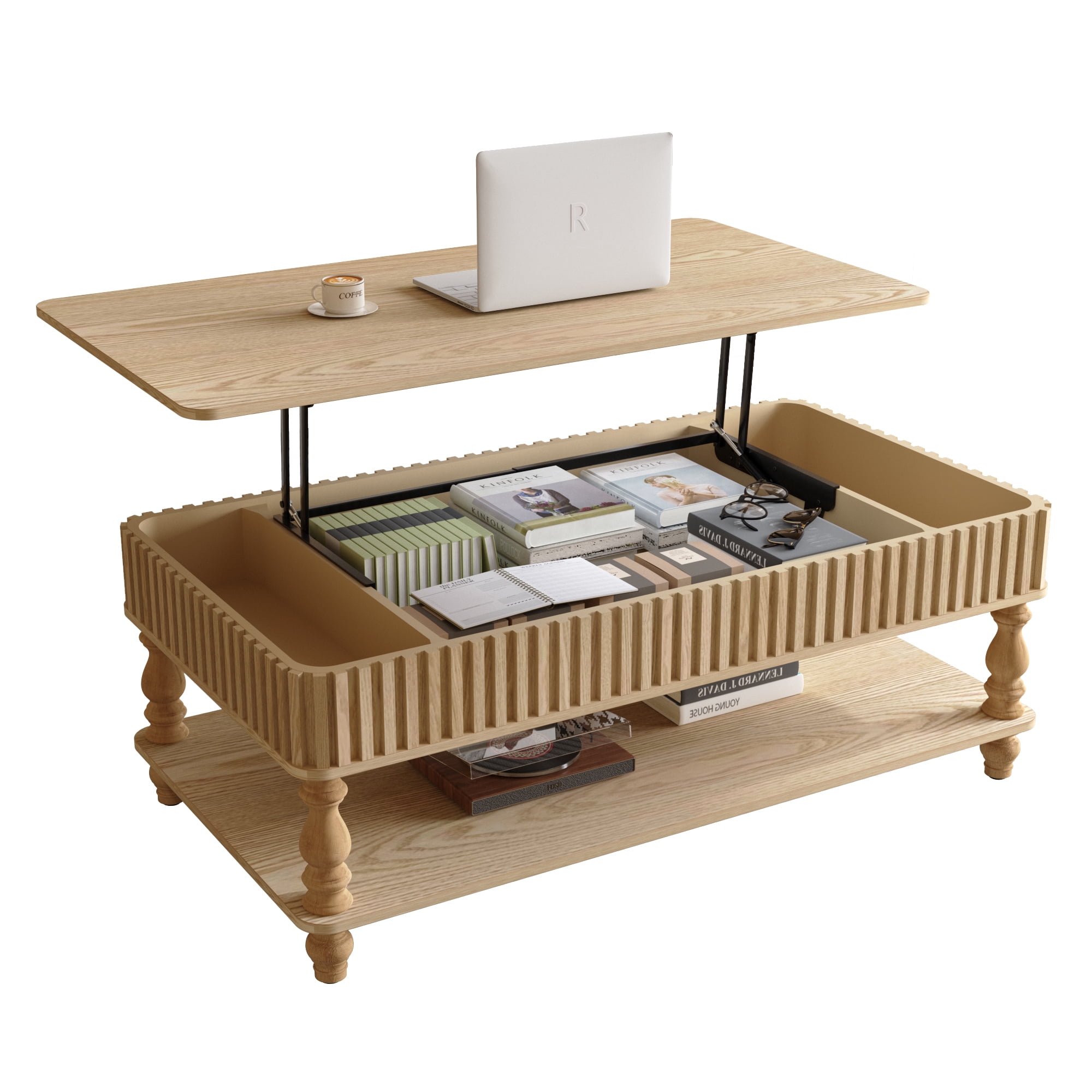 47.24" Lift Top Coffee Table with Hidden Storage and Open Shelf, Solid Wood Center Table with Fluted Design & Roman Column Legs, Tool-Free Assembly for Living Room, Vintage NaturalWood