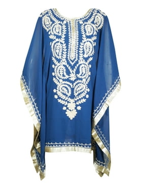 Mogul Women Boho Kaftan Blue Gold Caftan, Embroidery Beach Coverup Sheer Georgette Tunic Dress M