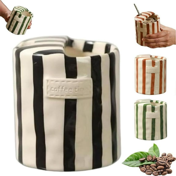 European Vintage Striped Ceramic Coffee Mug, 10oz Double-Wall Porcelain Cup for Hot Drinks