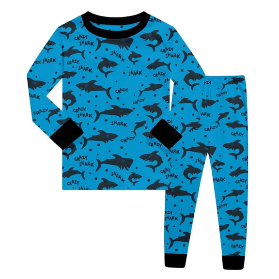 WOYY Cotton Outfit Set for Boys Shark Print Long Sleeve Top Pants Sleepwear, Sizes 2-3T
