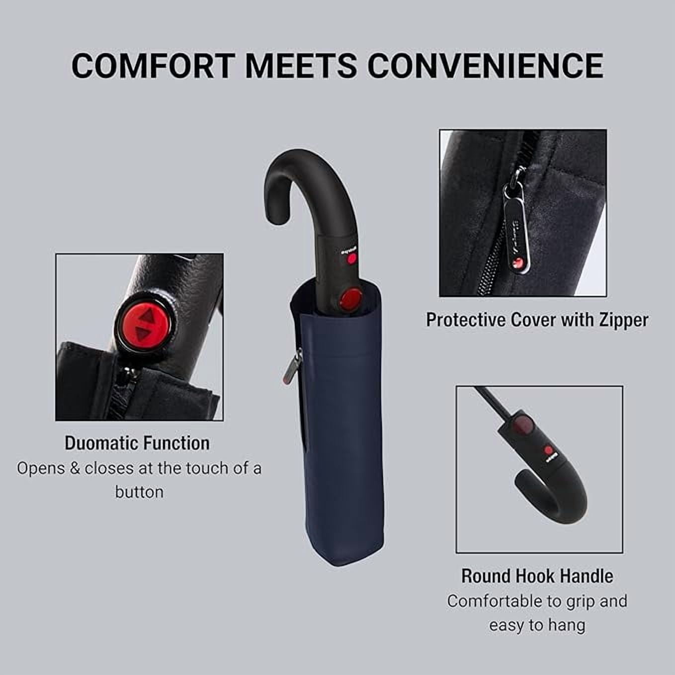 Knirps T.260 Duomatic Medium Pocket Rain Umbrella in Navy– Automatic Open Close, Wind-Tunnel Tested to 93mph, Hook Handle Design, 38in Canopy, OEKO-TEX, Fits in Backpacks & Purses