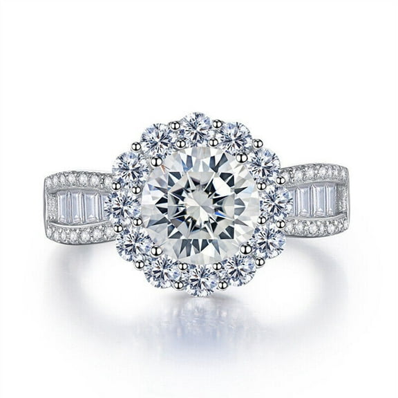 Women's Halo Promise Proposal Wedding Ring, Split Shank Cluster Engagement Ring, 2 Ct Simulated Round Brilliant Diamond Ring, 14K White Gold Plated, Pave Set Anniversary Ring For Her Special Occasion