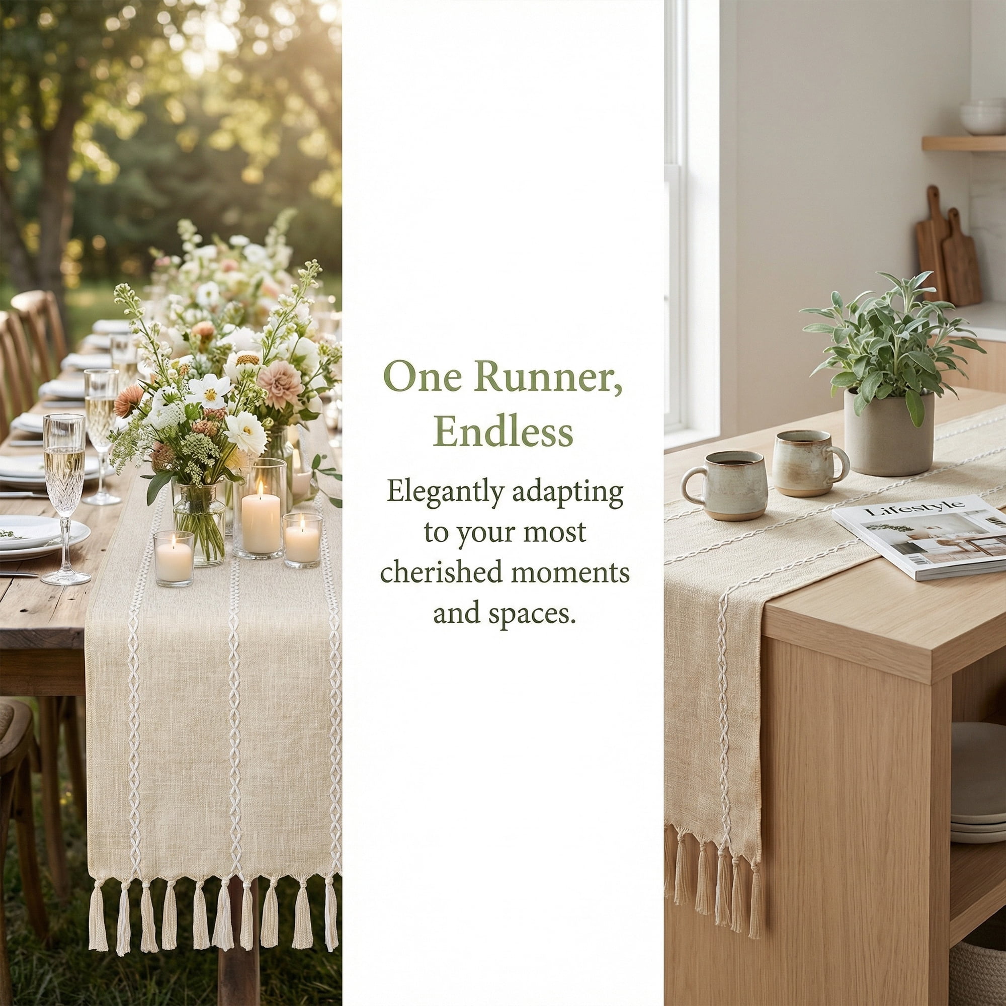 Unique Bargains Washable Polyester Kitchen Runner with Tassel for Dining Beige 13"x89.8"