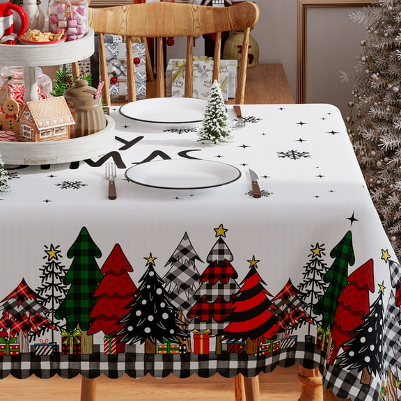 Christmas Tablecloth, Merry Christmas Tree Tablecloth, Red Black Buffalo Plaid Christmas Tableware Home Decor, 60 x 84 inch, Polyester