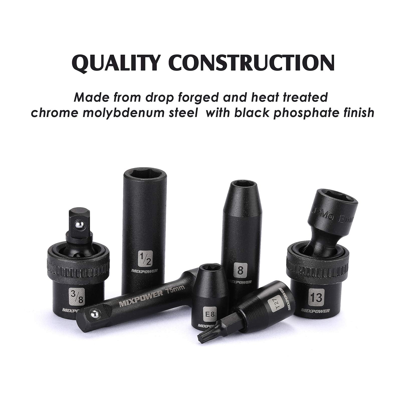 MIXPOWER 3/8'' Drive Master Impact Socket Set, 87-Piece Deep & Standard SAE and Metric,CR-MO, 1/4-Inch to 3/4-Inch and 6-19 mm, Impact Universal Sockets, Extension Bar & Adapter