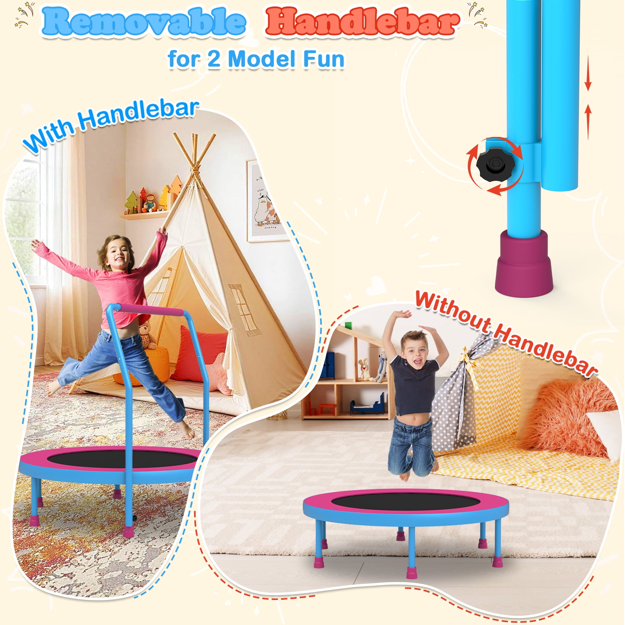 Cochan 36inch Mini Trampoline for Kids, 3FT Small Indoor Trampoline with Handlebar Ages 1-6, Foldable Kids Trampoline for Toddlers, Brithday Gift for Boy and Girl