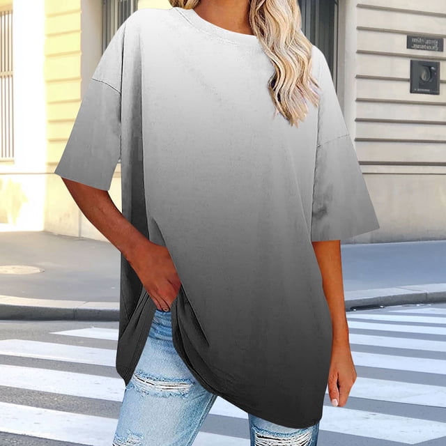 Women’S Shirts Womens Tops Under 10 Dollars Classic Tees Tops for Womens Gradient Round Neck Shirts Two Colors Tie Dye Work Top Fashion Short Sleeved T Shirt
