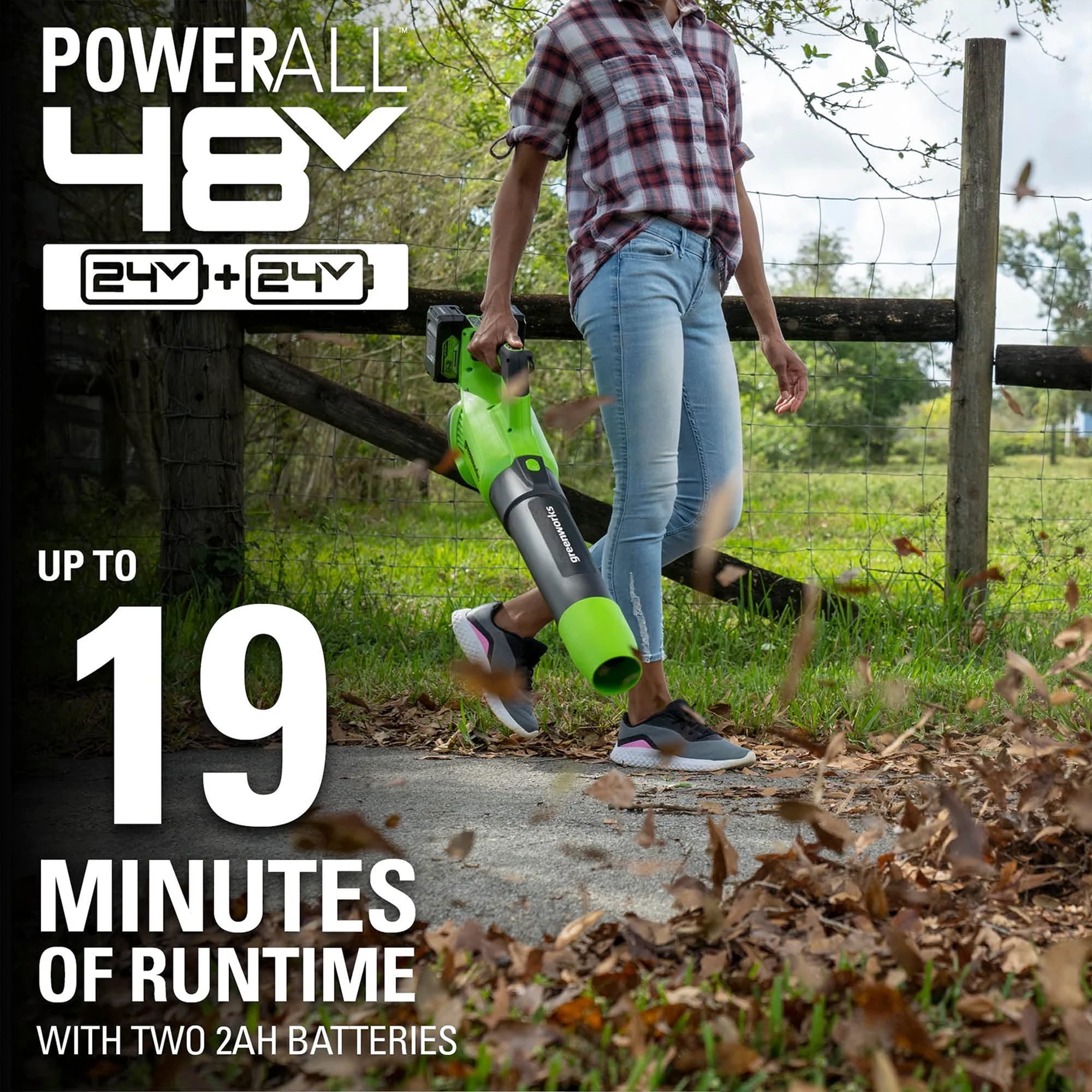 Greenworks 48V (24V x 2) Brushless Leaf Blower 515​CFM 125MPH Leaf Blower + 2 (24V) 2.0Ah Batteries & 4A Dual Port Charger