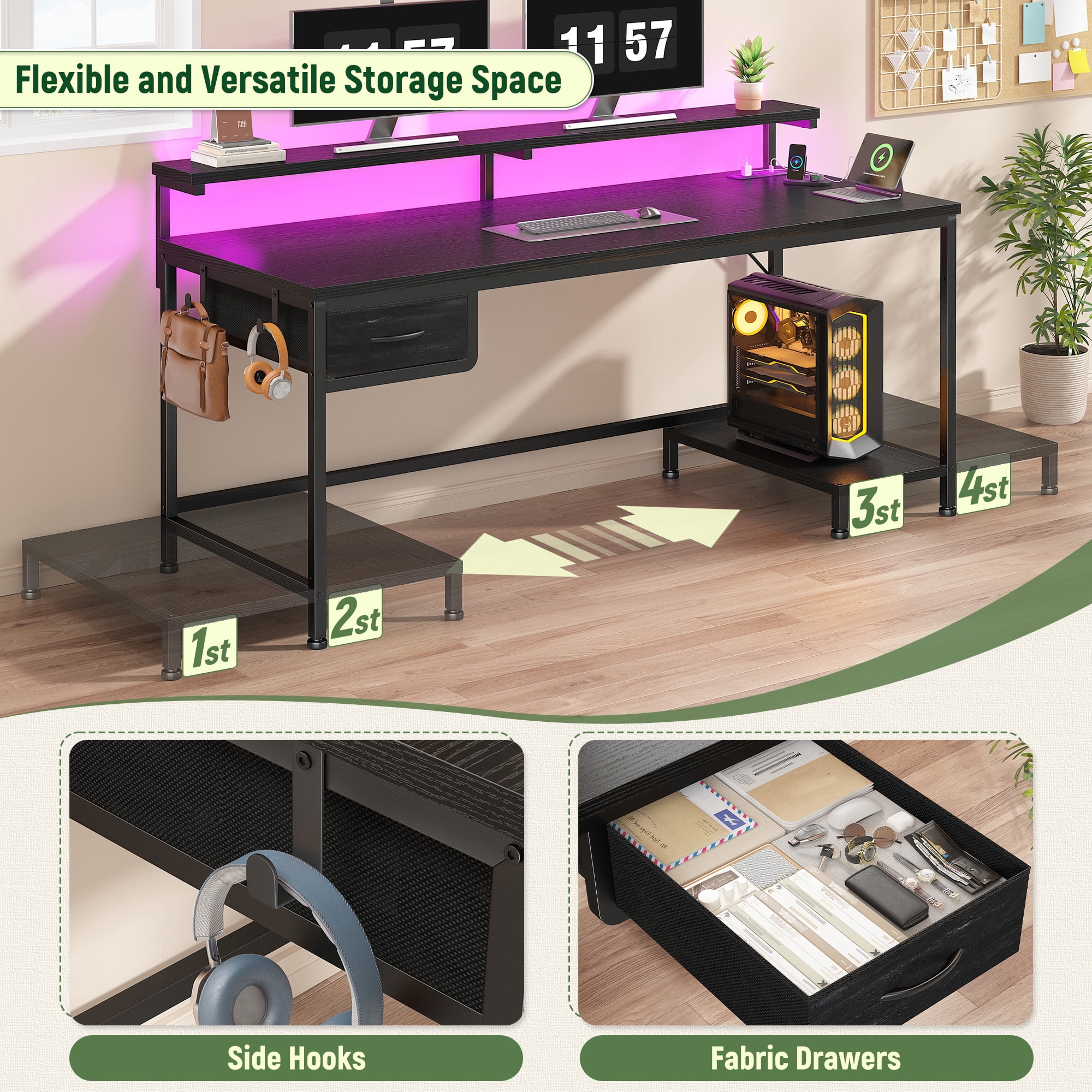 Romorgniz Gaming Desk with Power Outlet, Fabric Drawer & RGB LED Lights, Black Computer Desk with Adjustable Monitor Stand & CPU Holder for Home Office
