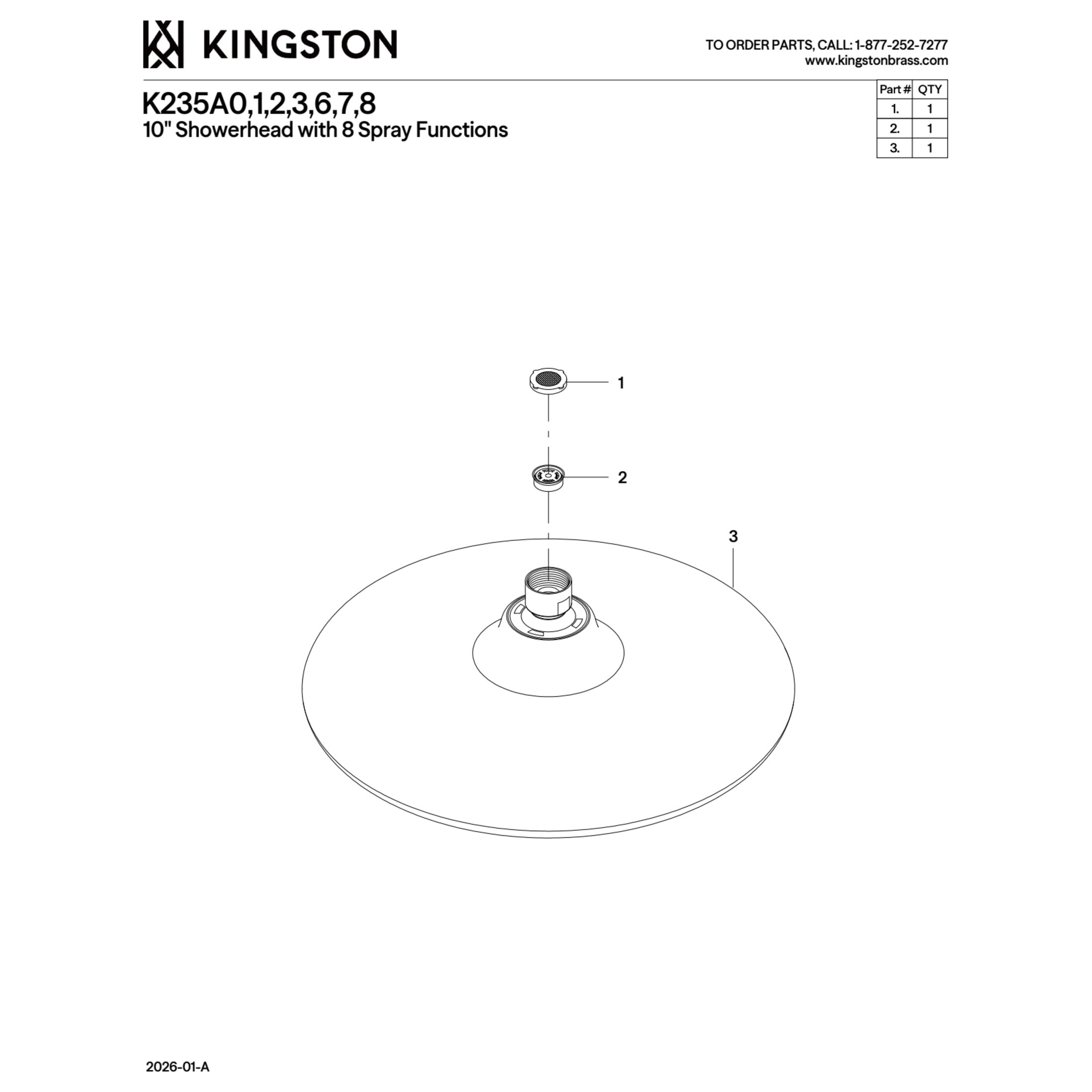 Kingston K235A8 Trimscape 9.8" Round Raindrop 8-Function Shower Head, Brushed Nickel