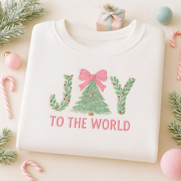 Embroidered Joy to The World Sweatshirt Coquette Jesus Christmas Tee Preppy Pink Christmas, Christmas Shirt Bible Verse Shirt Nativity Tee