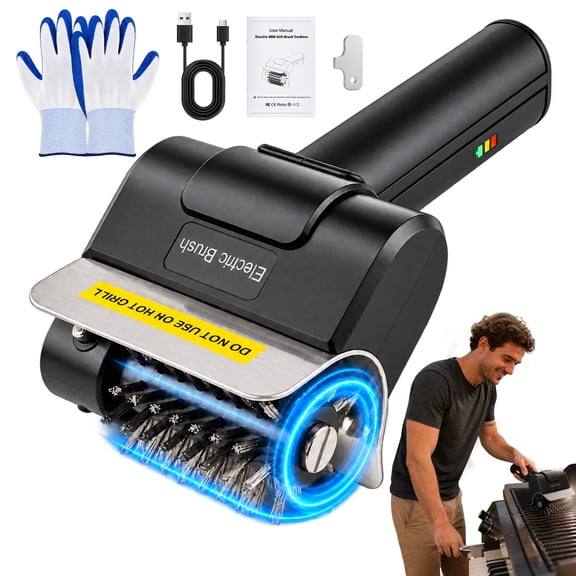 RMGVG Electric Grill Brush, Rechargeable Cordless BBQ Grill Cleaner with 1100 RPM Motor and 304 Stainless Steel Brush Head, Black