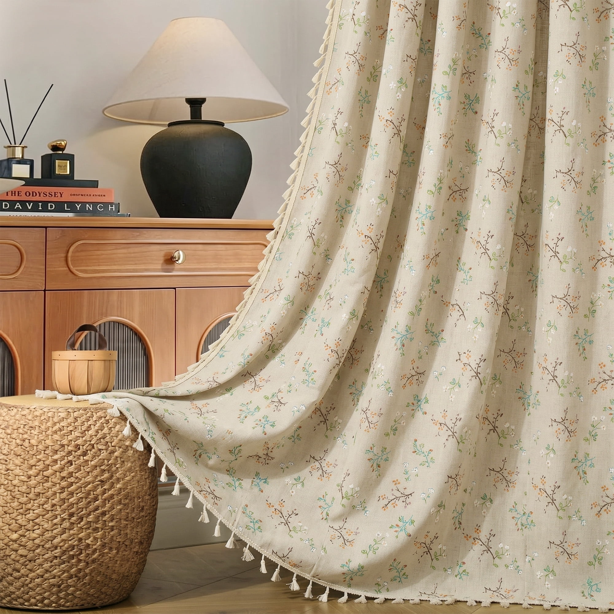 Seasonwood Floral Curtain,Semi-Blackout Linen Curtain for Living Room, 108 Inch Farmhouse Curtain,1 Panel,Beige,52" x 108"
