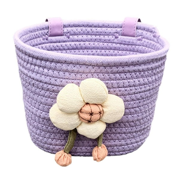 Cesta de bicicleta universal de cuerda de algodón para niños, accesorios genéricos con flor de peluche para Púrpura