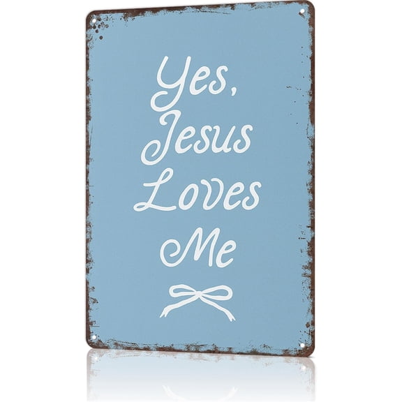Funny Metal Wall Sign Yes Jesus Loves Me Blue Coquette Aluminum Tin Poster 8x12 Inch Home Bar Office Decor