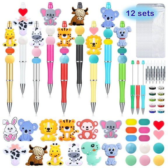 12 Sets Beadable Pens Kit Cute Silicone Focal Beads for Pens Bulk Bead Animal Making Kit for Birthday Gifts DIY Pen Making Supplies(Animal Style)