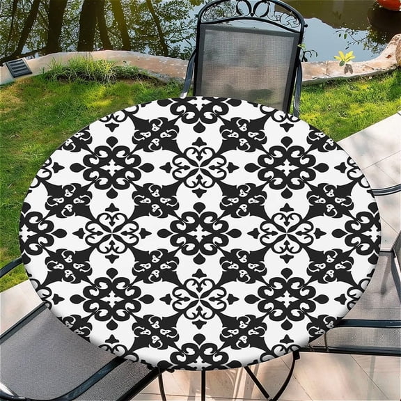 Round Fitted Tablecloth with Elastic Edge Design Table Cover Waterproof Stain-Resistant Wipeable Table Cloth Best for 38"-42" Round Tables for Outdoor Indoor Floral Geometry