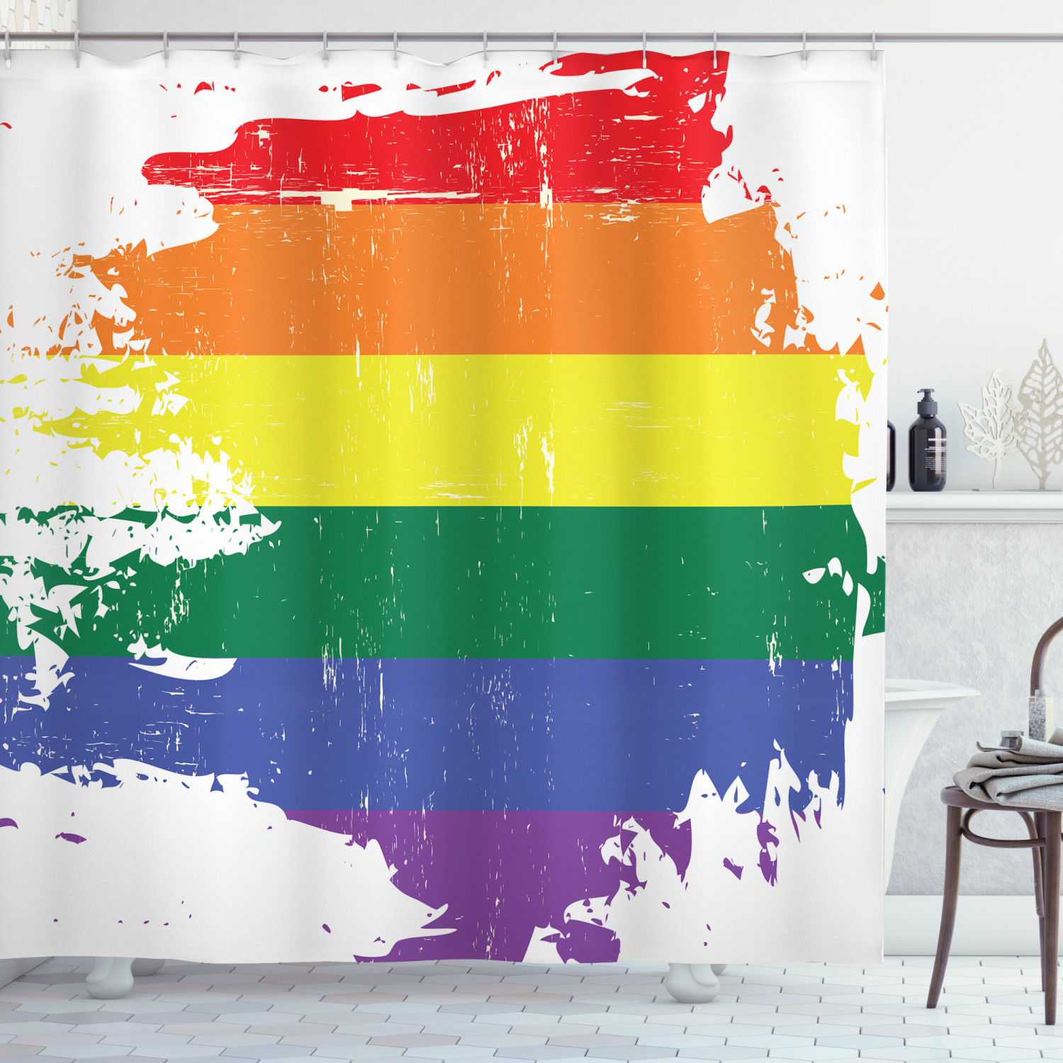 Vintage Rainbow Shower Curtain, Colorful Grunge LGBT Flag Design Worn