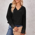 thumbnail image 2 of Women V Neck Shirts Lace Patchwork Drop Shoulder Sleeves T Shirt Pure Color Long Sleeves Pullover Black S, 2 of 6