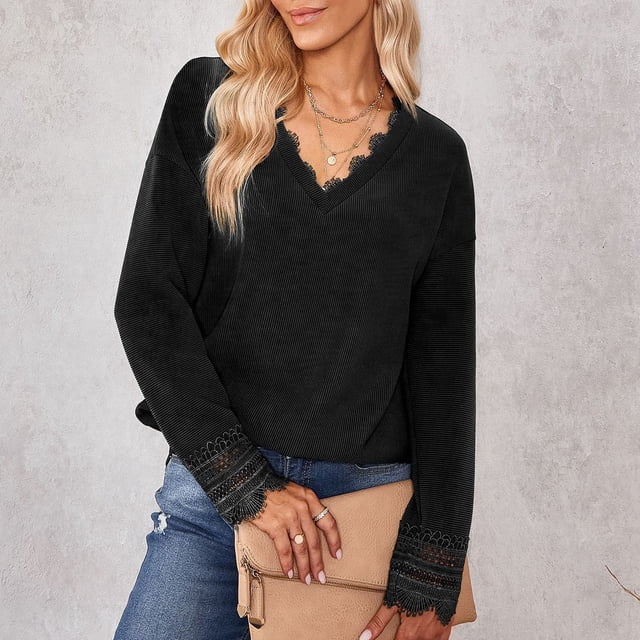 Pure Color Shirts, Stylish Loose Fit Lace Patchwork V Neck Shirts For Vacation ANGGREK Negro S