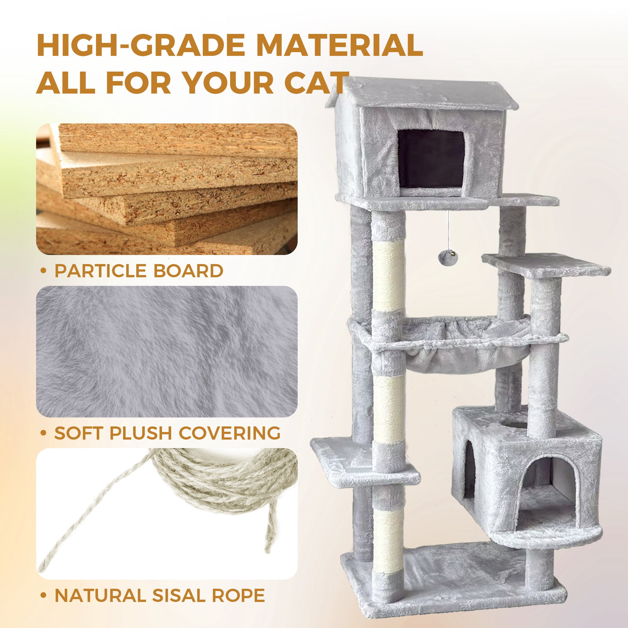 64in Cat Tree with Unique Cat House, Hammock, Scratching Posts - Plush Cat Tower for Indoor Cats, Ideal for Multiple Cats