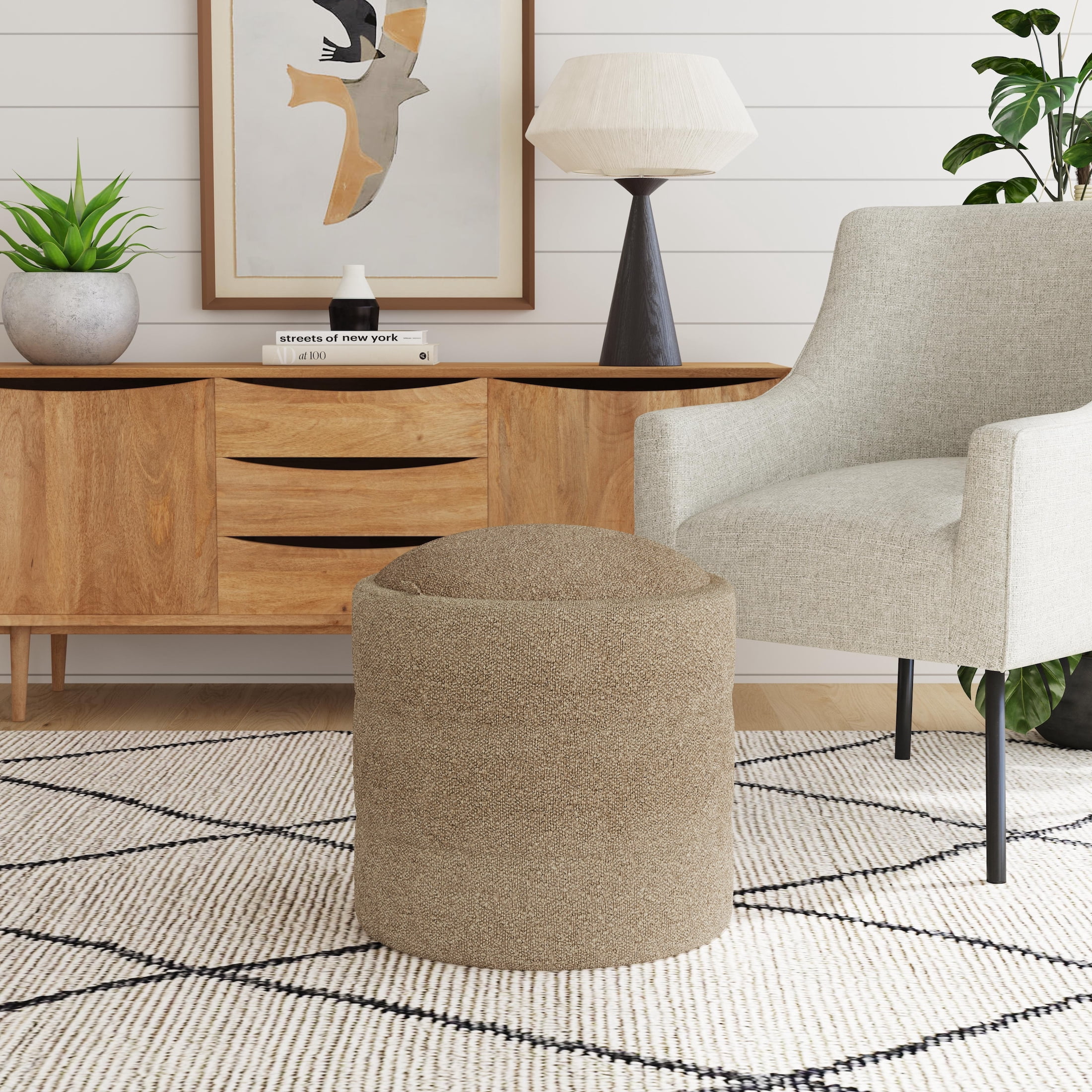HomePop Round Storage Ottoman, Brown Boucle
