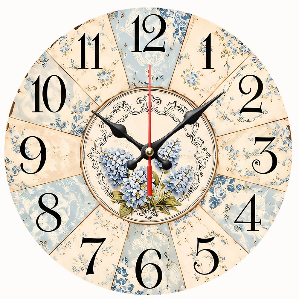 2D Flat Wooden Wall Clock,Vintage Blue Hydrangea Floral Wall Clock,Shabby Chic Farmhouse Art Decor Clock for Bedroom, Living Room Decoration,AA Battery Not Included