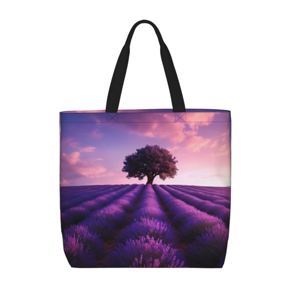 Sikiie Lavender Field Sunset Print Single Shoulder Bag, Large Capacity Zipper Handbag, Waterproof Shopping Bag, School and Work Shoulder Bag
