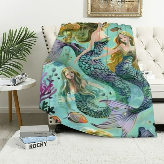Shiartex  Mermaid Blanket Gifts for Women Girls Soft Warm Lightweight Cozy Cartoon Mermaid Throw Blankets for Bed Living Room Sofa Couch Mermaid Decor White
