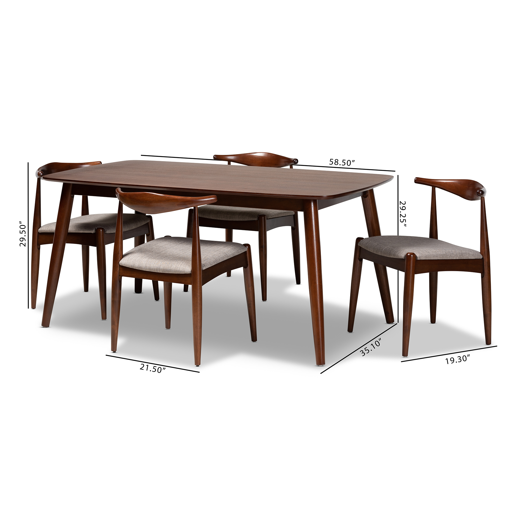 Baxton Studio Amato MidCentury Modern Light Gray Fabric Upholstered Walnut Finished Wood 5Piece Dining Set