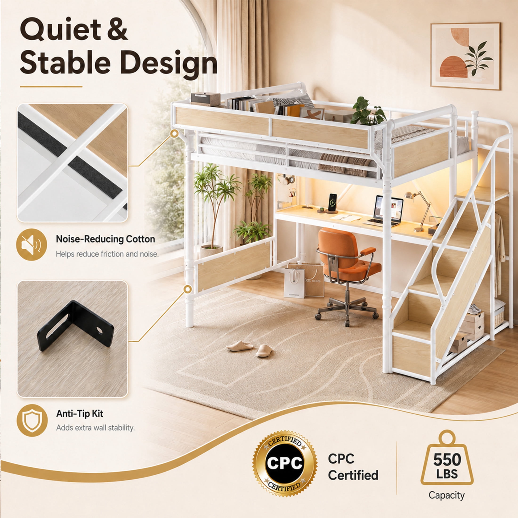 GDF Studio Queen Size Metal Loft Bed with Desk, Power Outlet, LED Light, Storage & Wardrobe, White