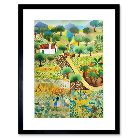 Farmhouse Field Folk Art Watercolour Painting Artwork Framed Print Wall Art 9X7 Inch