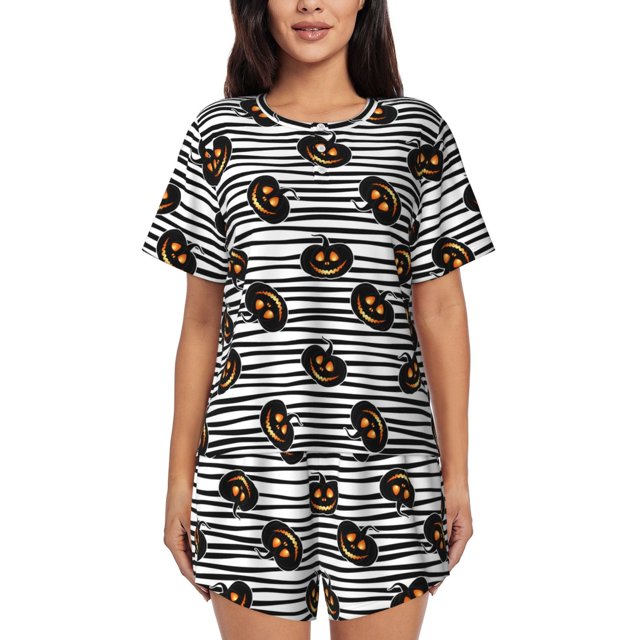 Fotbe Haloween Pumpkins Conjunto de Pijama Estampado para Mujer, 2 Piezas, Ropa de Dormir con Camiseta de Manga Corta y Shorts Suaves-Medium