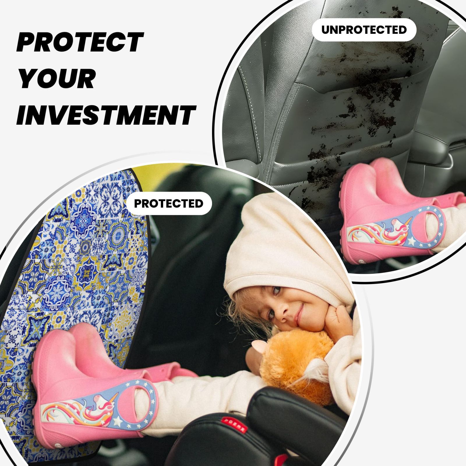 Kdxio Watercolor Artwork Print 2 Pack Car Kick Mat Seat Cover Back Protector Mat with Pockets for Organizer Backseat Protector and Storage Anti Kick Pad for Vehicles