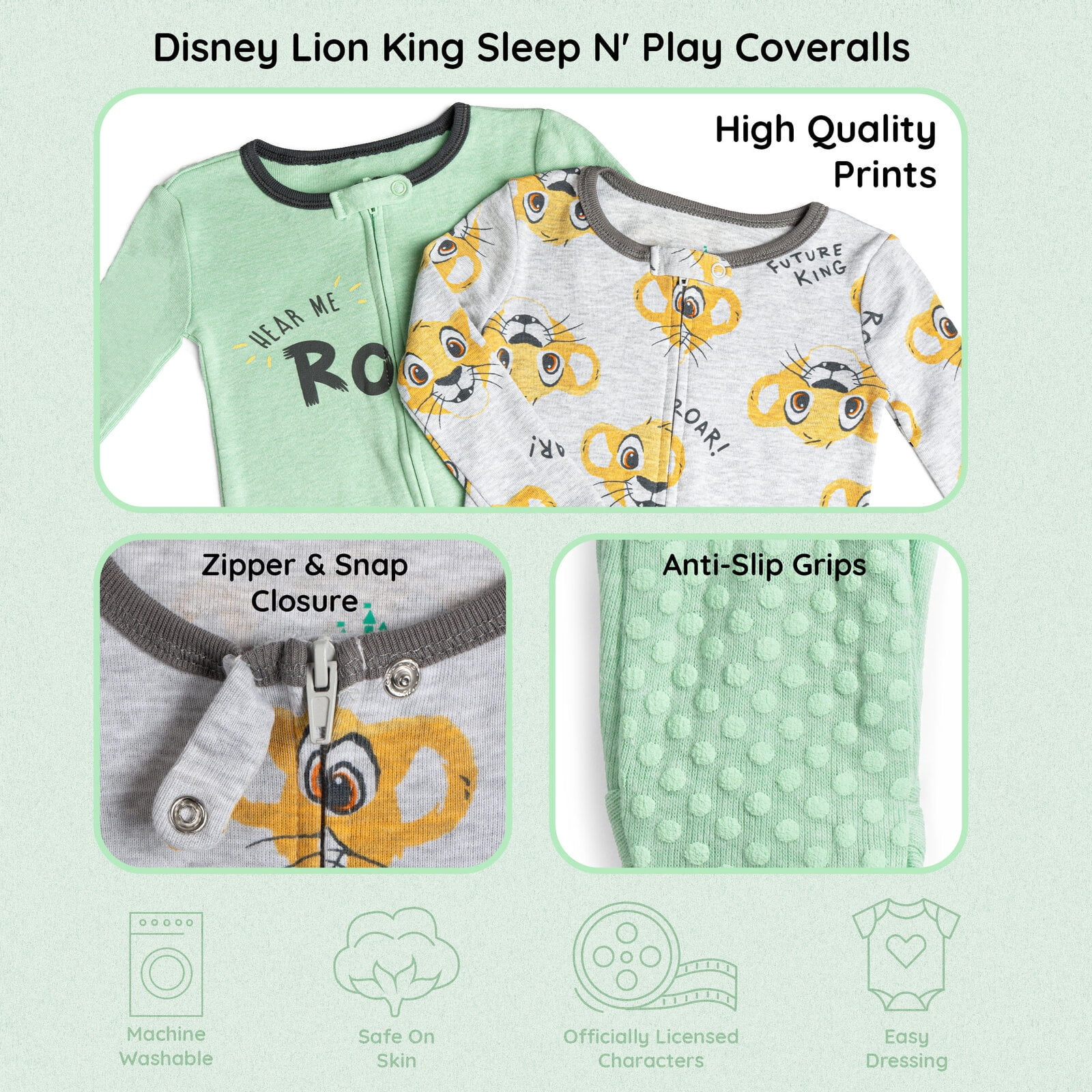 Disney Lion King Baby Boys' 2-Pack Footed One-Piece Sleep N' Play Simba Heather Green