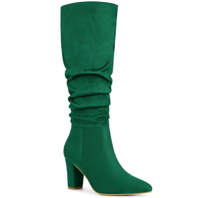 BLISSFUL STEP Bottes pour Femmes Bout Pointu Talon Bloc Bottes Hauteur Genou Vert 5.5