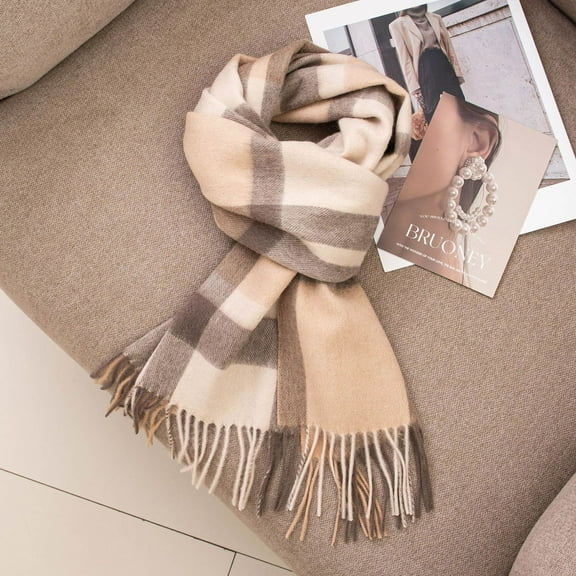 Nvzi-c Womens Wool Scarf Plaid Winter Scarves Blanket for Women Tassel Warm Soft Large Long Shawl Scarves Chunky Lattice Scarf，Style D,Camel colored grid
