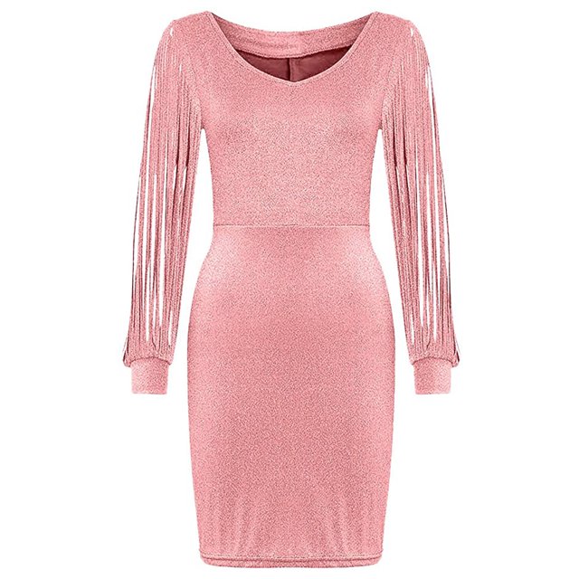 Pompotops Robe Aguichant à Manches Longues pour Femmes, Robes de Soirée Formelles, Col en V, Paillettes, pour Fête Ou Bureau